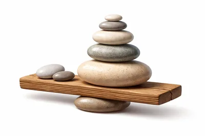 Balanced Stone Stack On Wooden Plank