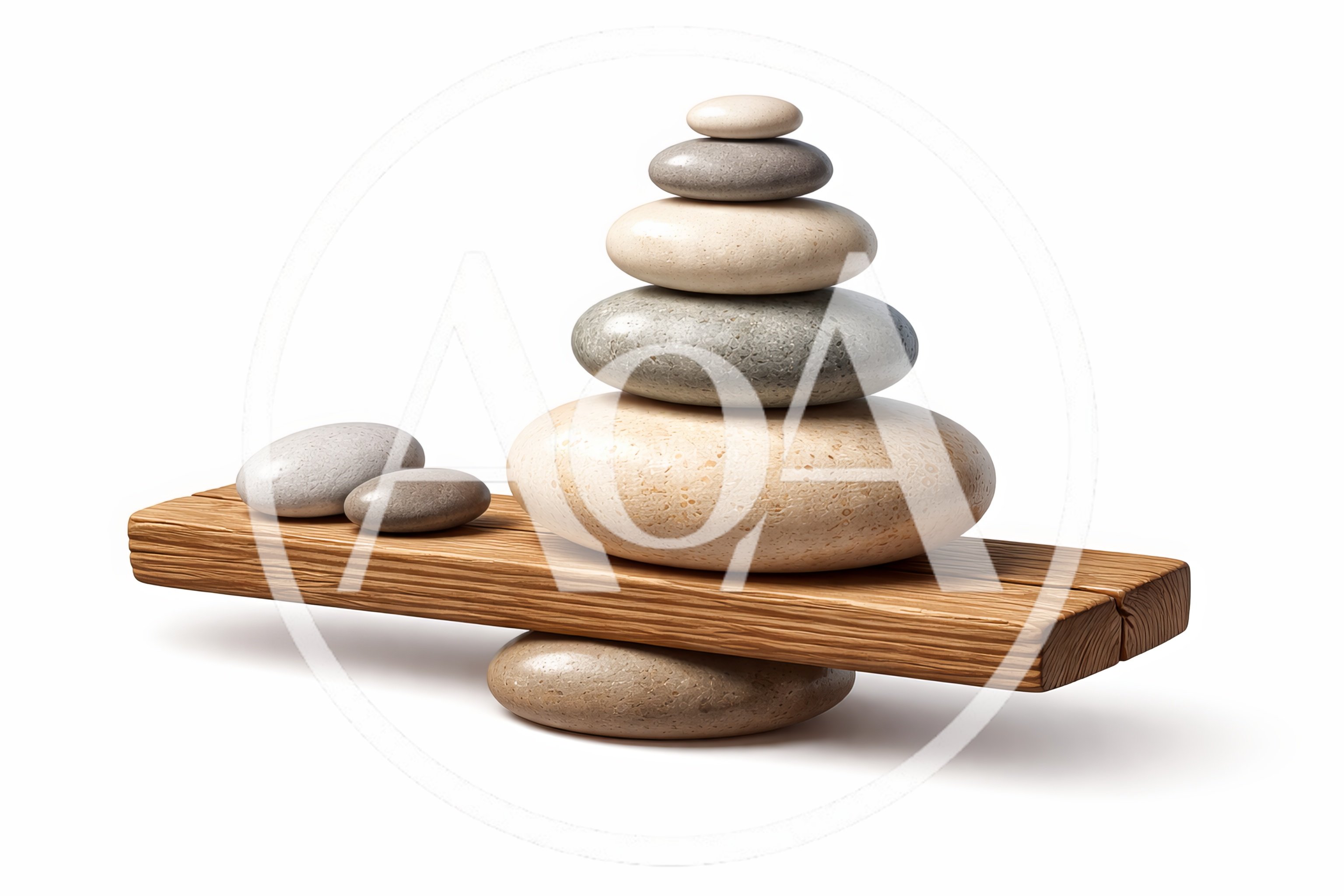 Balanced Stone Stack On Wooden Plank