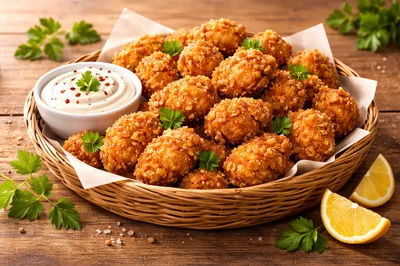Crispy Fried Chicken Nuggets in a Wicker Basket