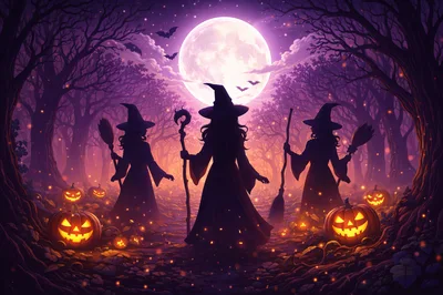 Three Witches Standing In A Haunted Forest