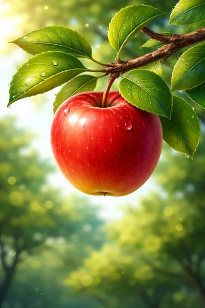 Single Red Apple Hanging From A Tree Branch