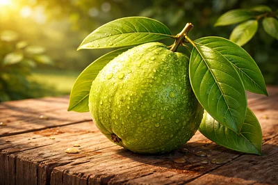 Fresh Green Guava Fruit on Rustic Wooden Table