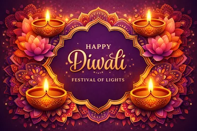 Diwali Festival Greeting Card With Lit Oil Lamps