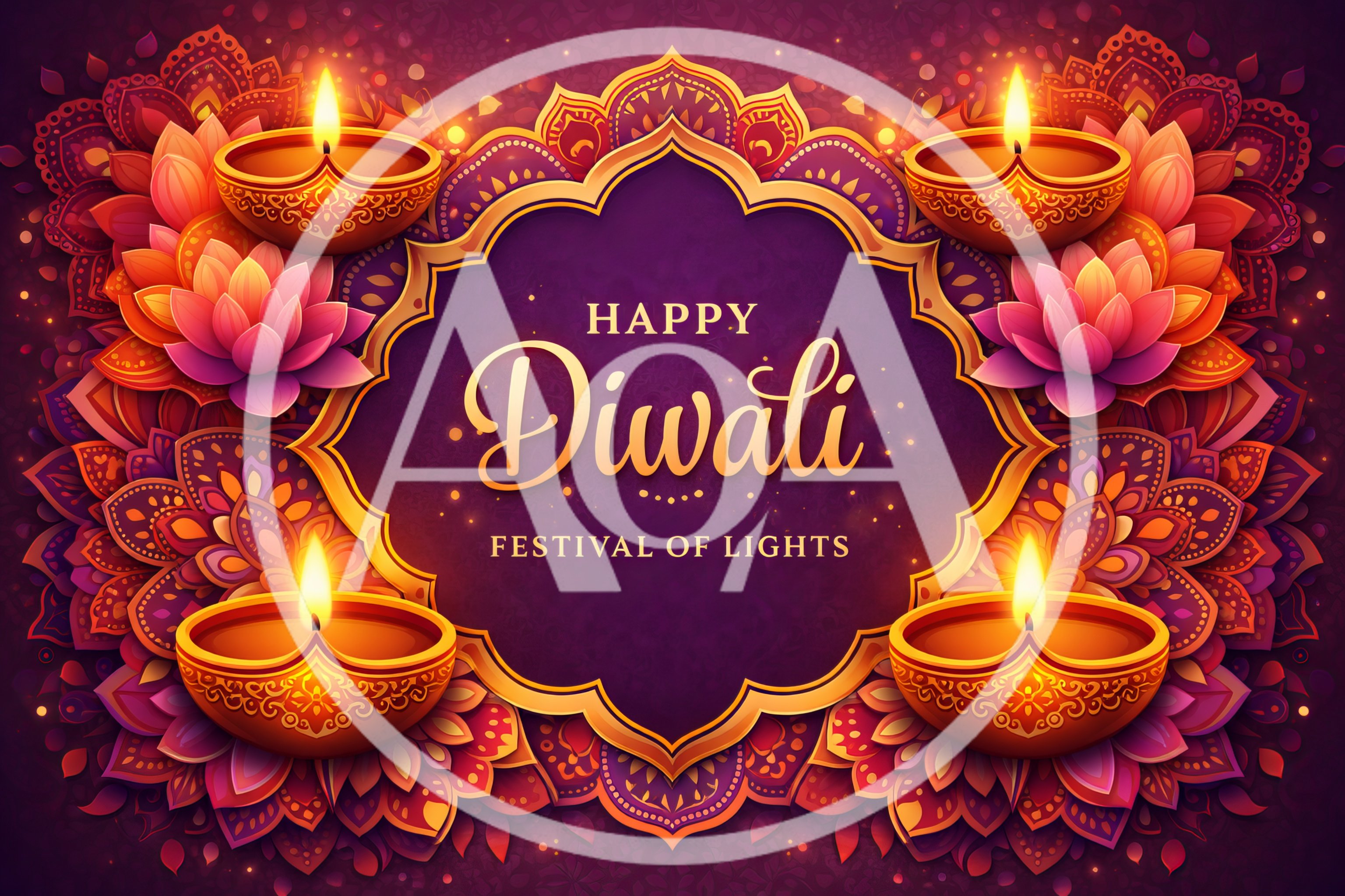 Diwali Festival Greeting Card With Lit Oil Lamps