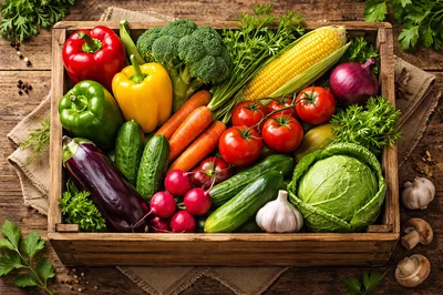 Fresh Organic Vegetables In A Wooden Crate