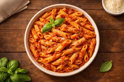 Bowl Of Penne Pasta With Tomato Sauce And Basil