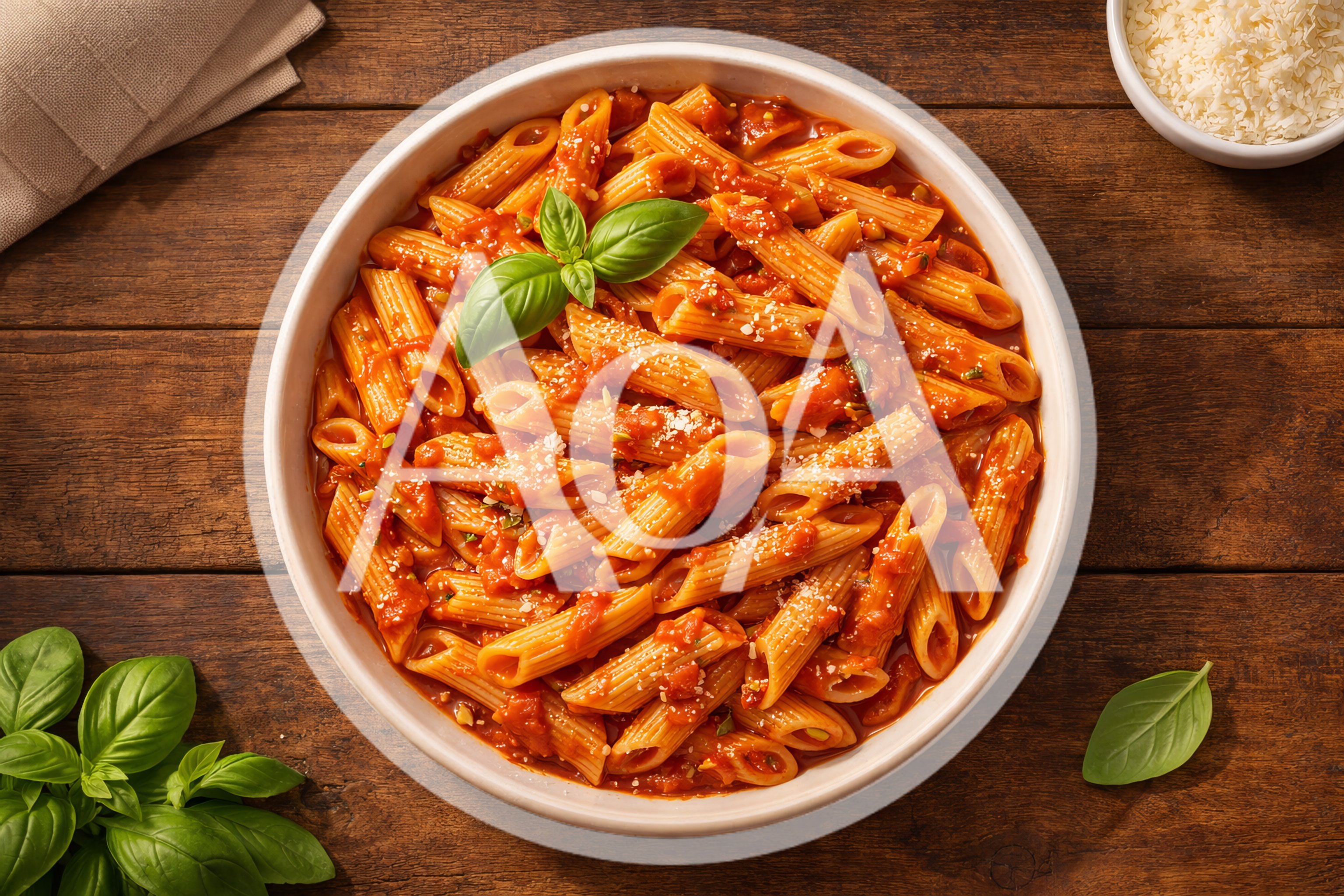 Bowl Of Penne Pasta With Tomato Sauce And Basil