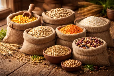 Assorted Grains And Legumes In Burlap Sacks