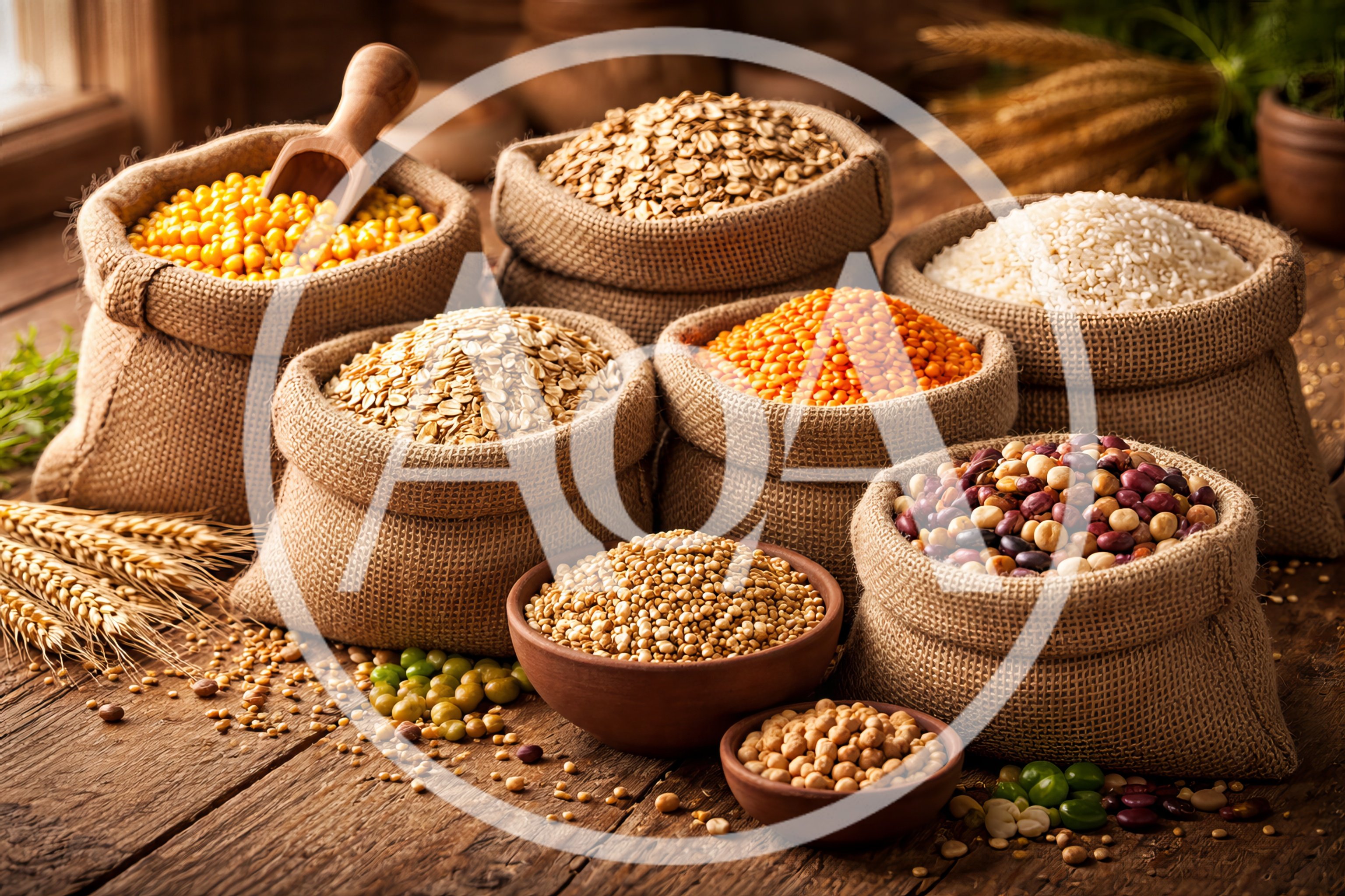 Assorted Grains And Legumes In Burlap Sacks