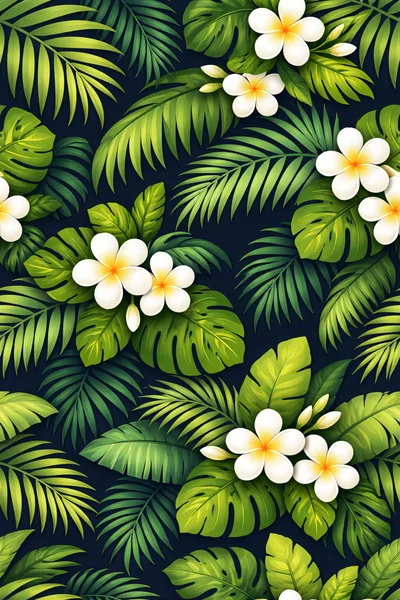 Tropical Plumeria Flower and Palm Leaf Seamless Pattern