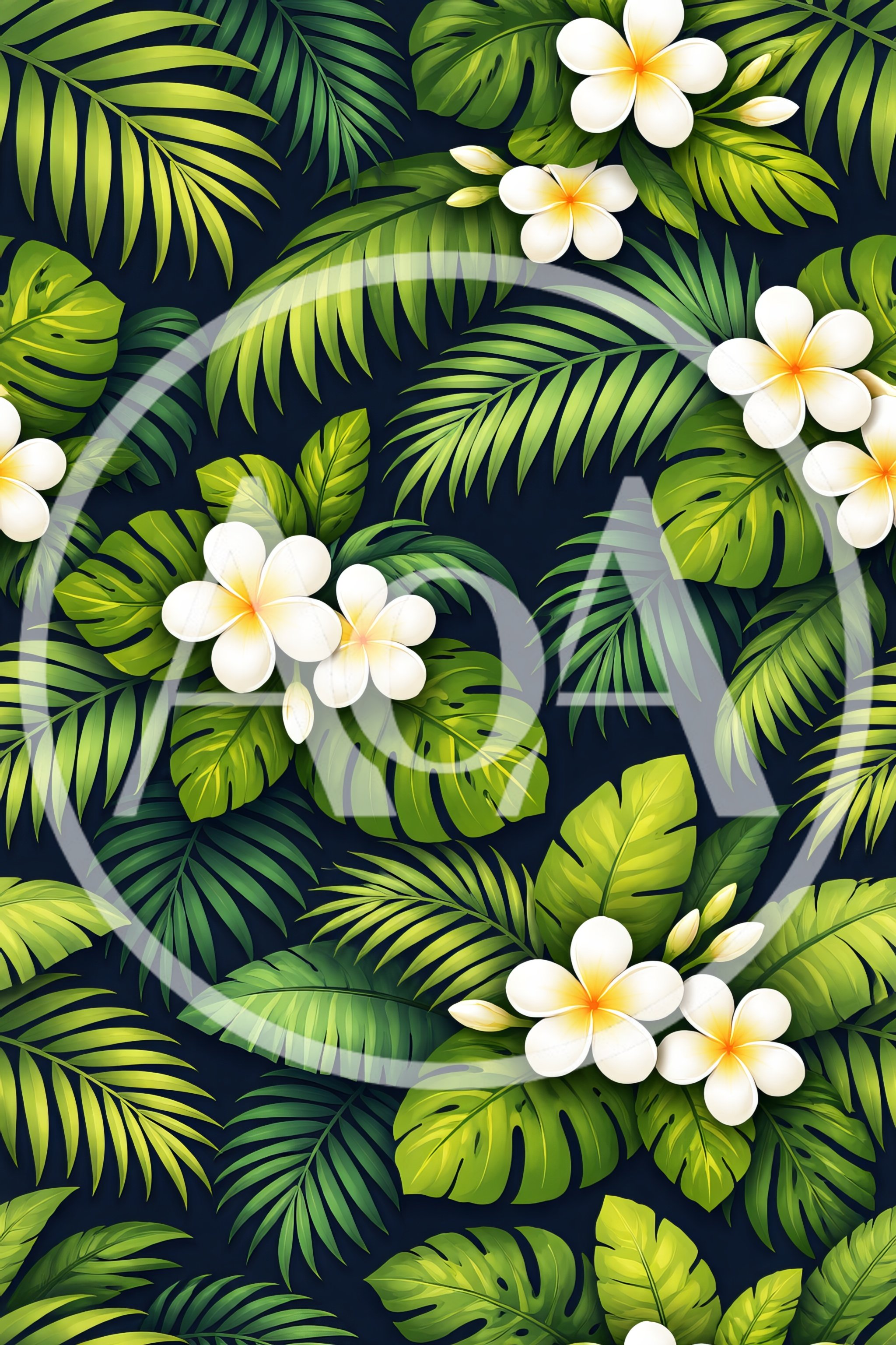 Tropical Plumeria Flower and Palm Leaf Seamless Pattern