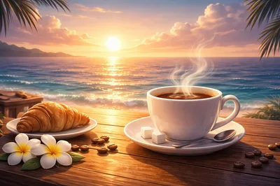 Morning Coffee and Croissant on Tropical Beach