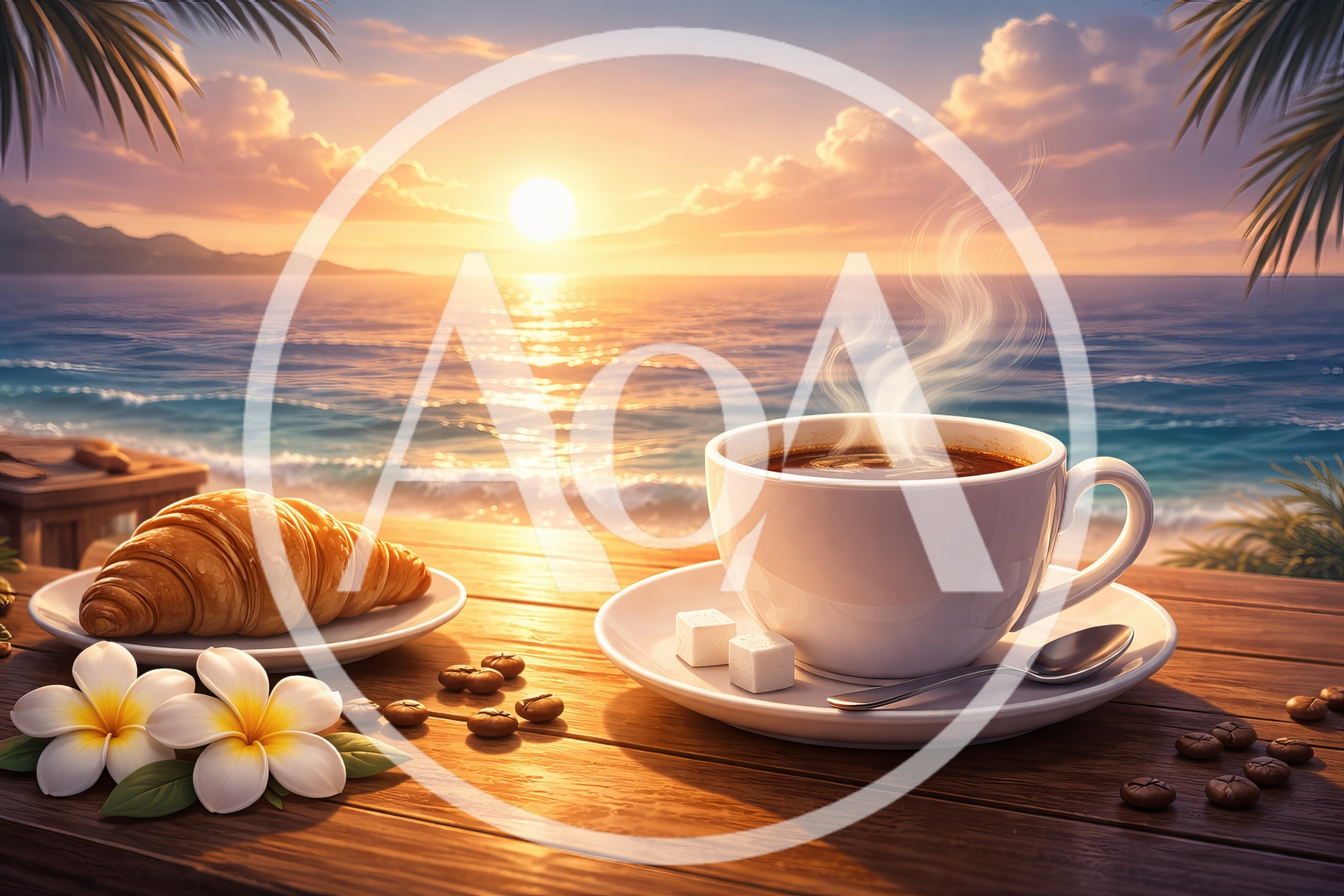 Morning Coffee and Croissant on Tropical Beach