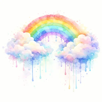 Watercolor Rainbow With Pastel Clouds And Dripping Rain