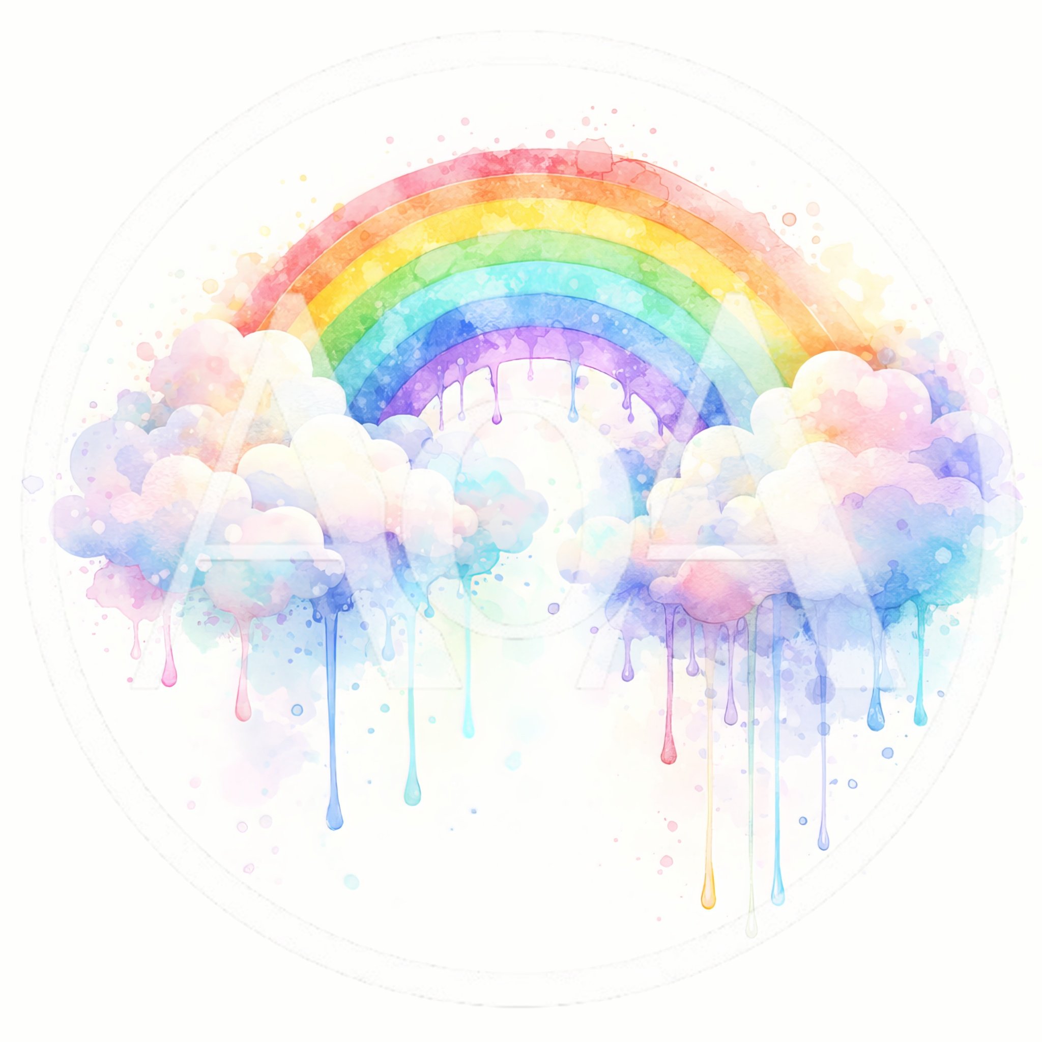 Watercolor Rainbow With Pastel Clouds And Dripping Rain