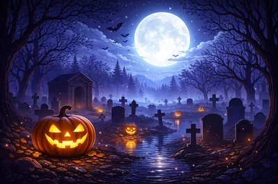 Spooky Halloween Graveyard Scene With Glowing Jack O Lanterns
