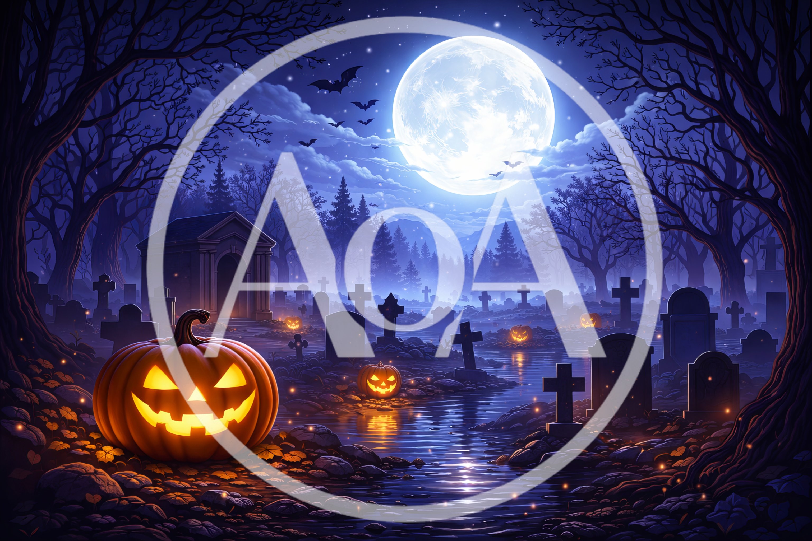 Spooky Halloween Graveyard Scene With Glowing Jack O Lanterns