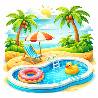 Tropical Beach Poolside Scene With Inflatable Toys