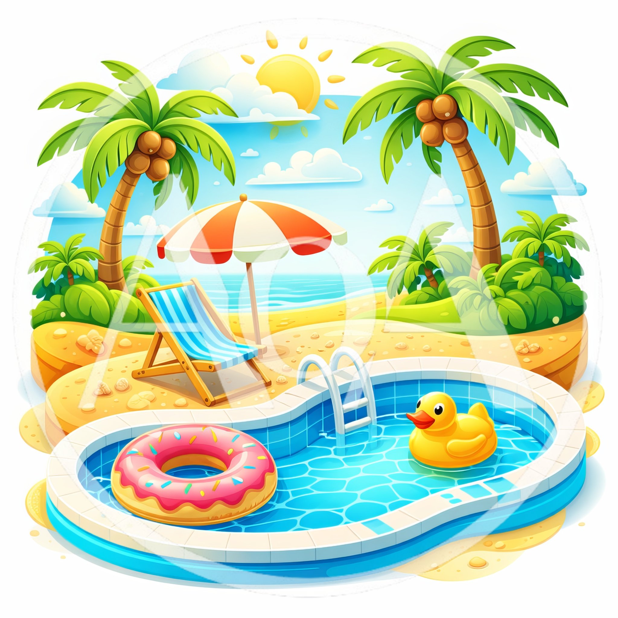 Tropical Beach Poolside Scene With Inflatable Toys