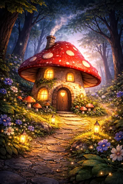 Enchanted Mushroom House In A Magical Forest