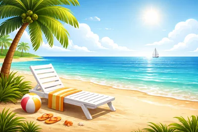Tropical Beach Scene With Lounge Chair And Beach Ball