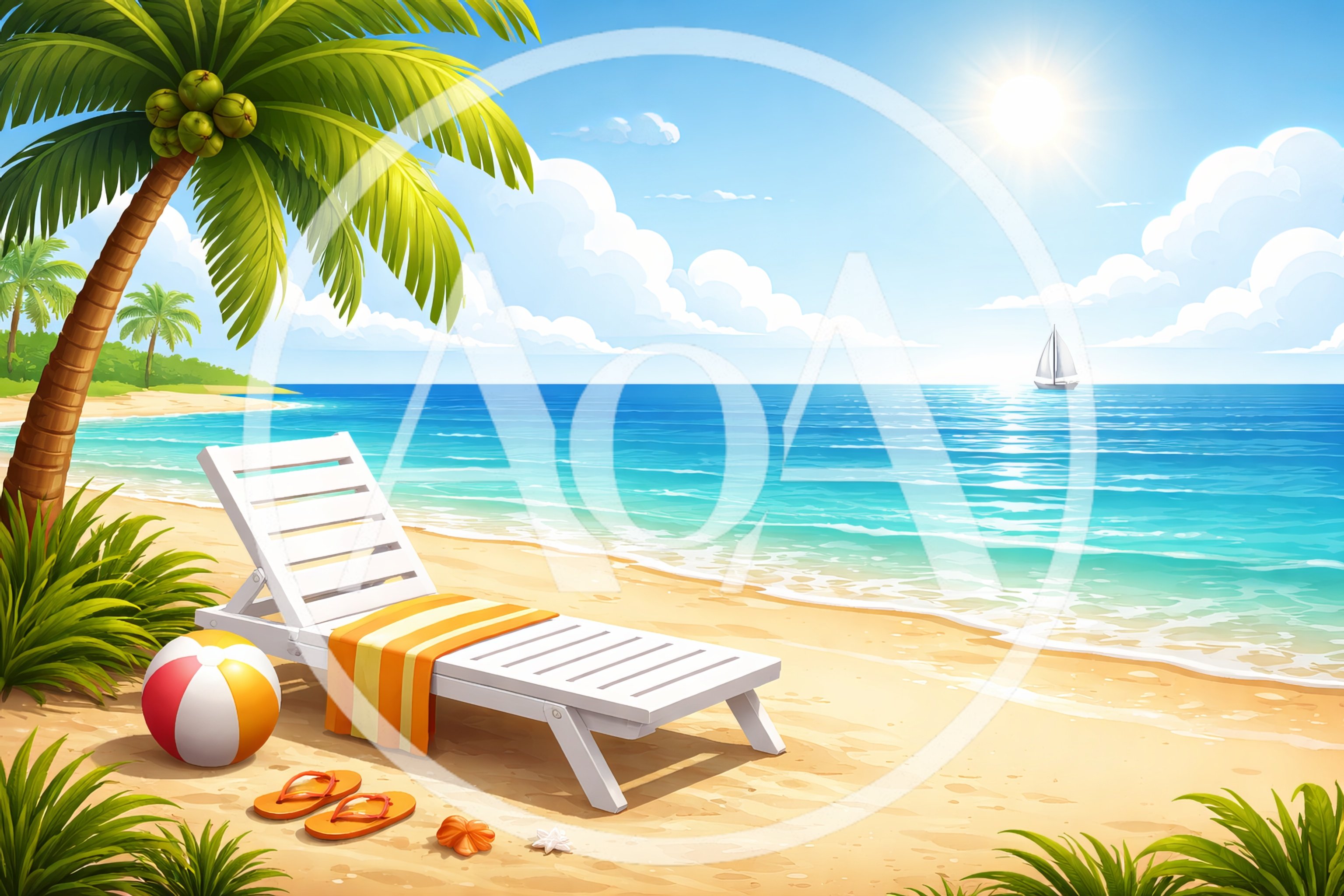 Tropical Beach Scene With Lounge Chair And Beach Ball