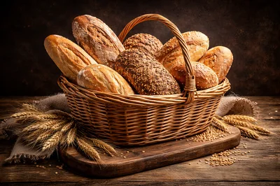 Assorted Fresh Bread Loaves In A Wicker Basket