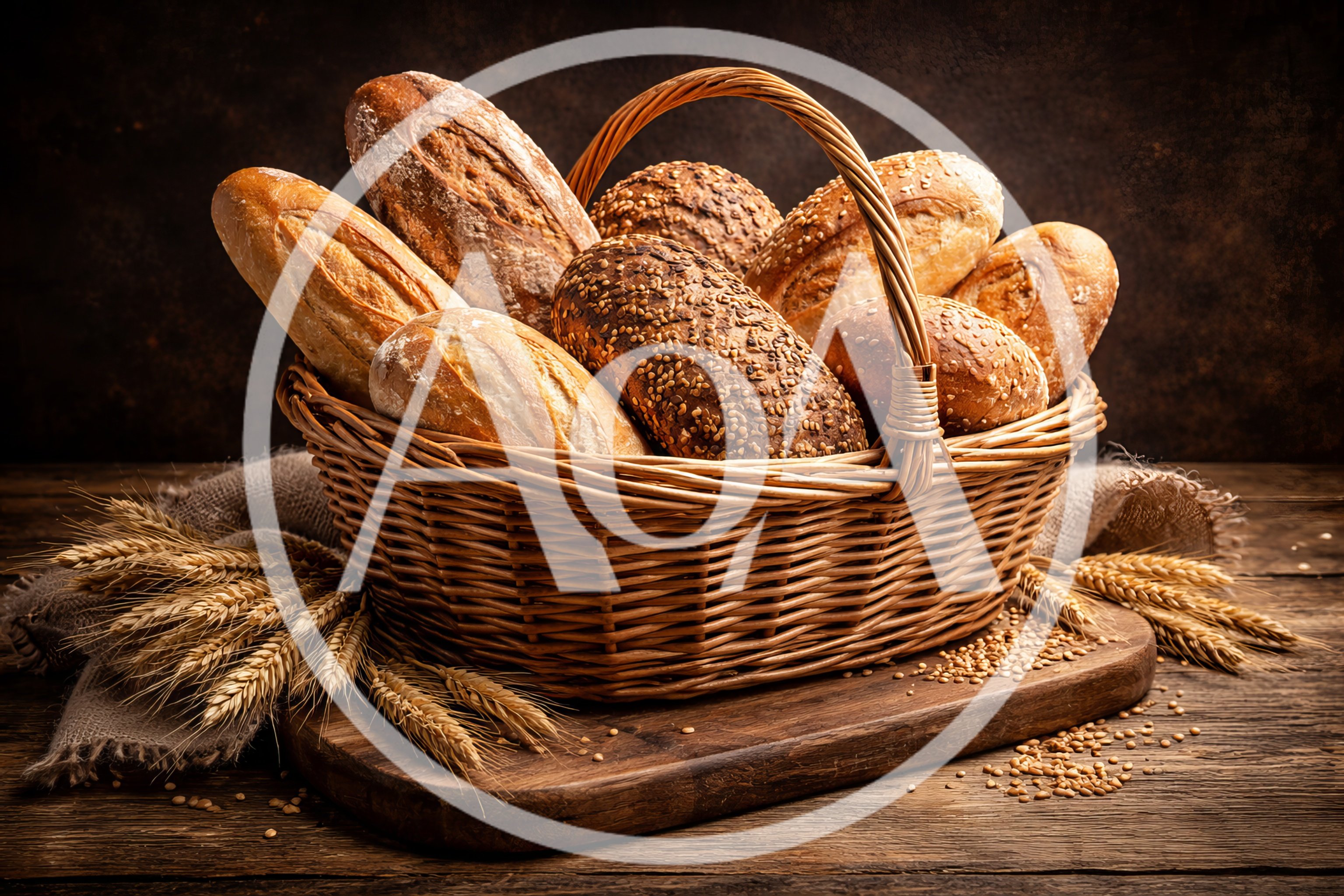 Assorted Fresh Bread Loaves In A Wicker Basket