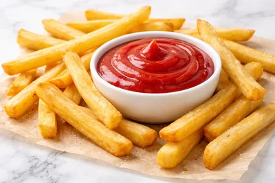 Crispy Golden French Fries With A Bowl Of Ketchup