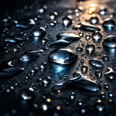 Macro Close Up Of Water Droplets On Dark Surface