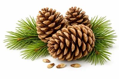 Three Pine Cones With Green Needles And Seeds