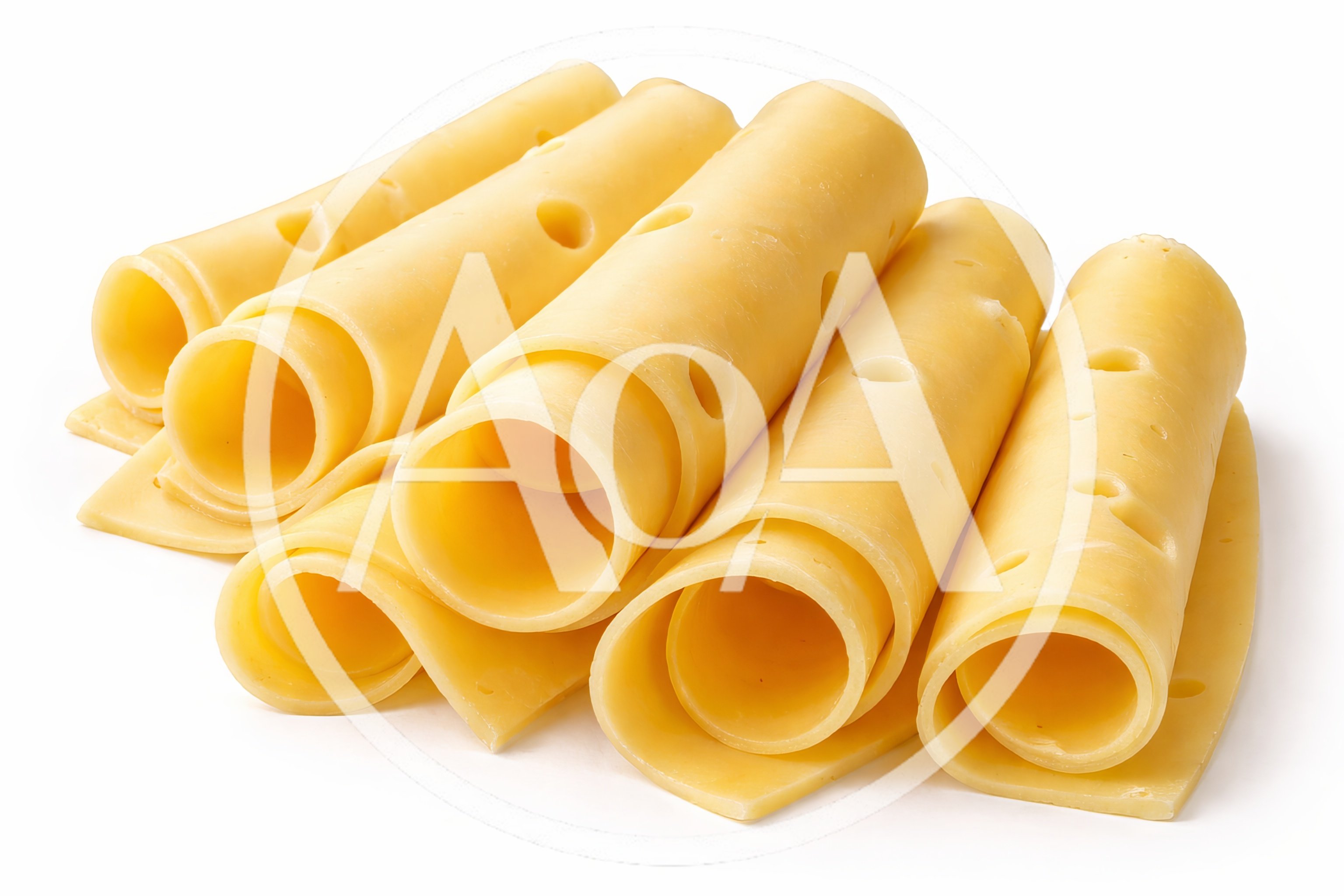 Rolled Slices Of Swiss Cheese On White Background