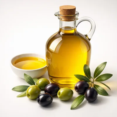 Olive Oil Bottle With Fresh Olives And Leaves