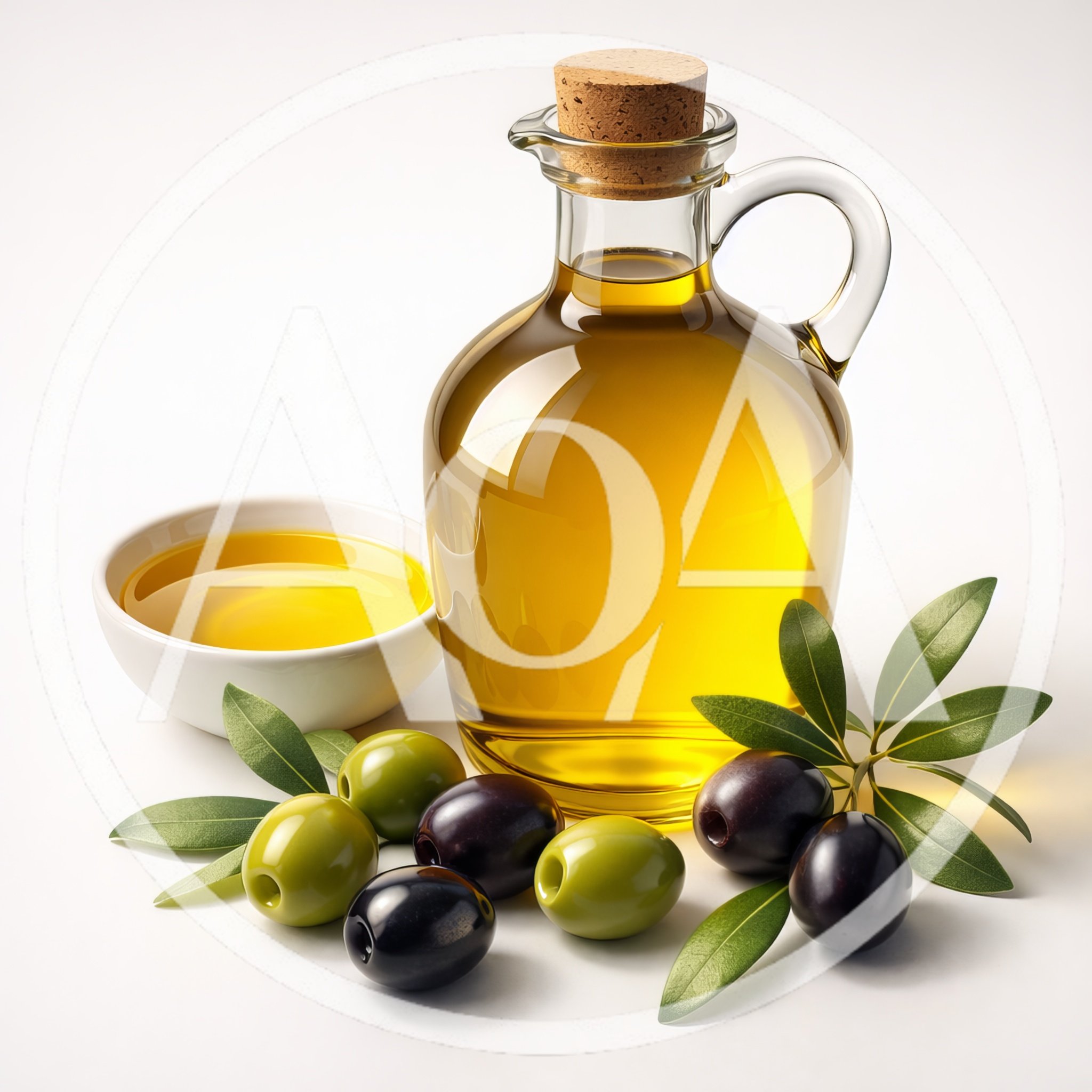 Olive Oil Bottle With Fresh Olives And Leaves