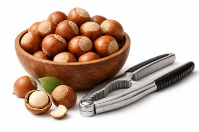 Hazelnuts In Wooden Bowl With Nutcracker