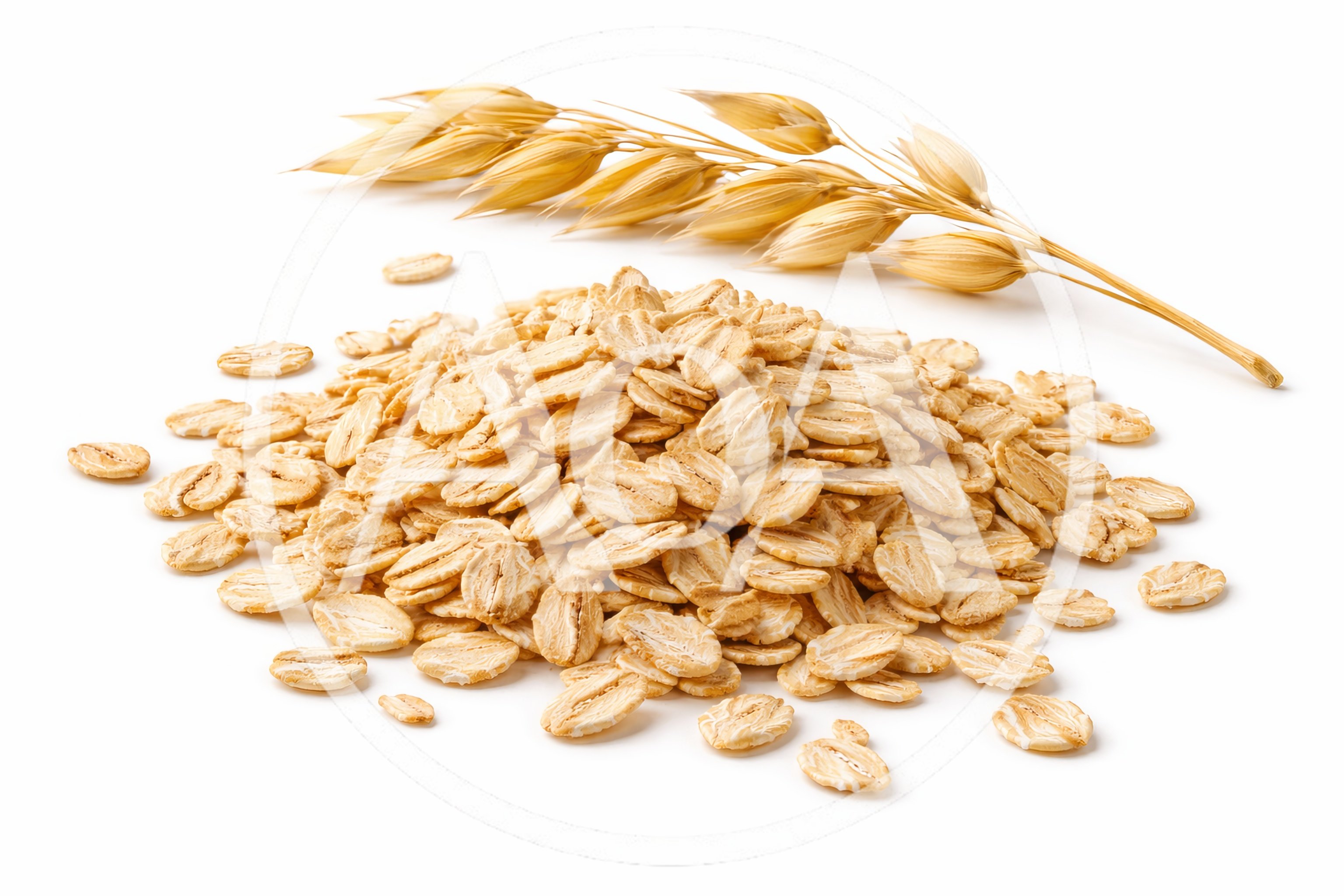 Pile of Raw Rolled Oats with Oat Stalk