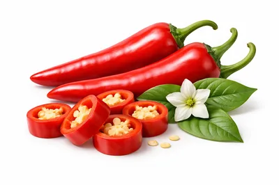 Fresh Red Chili Peppers With Slices And Flower