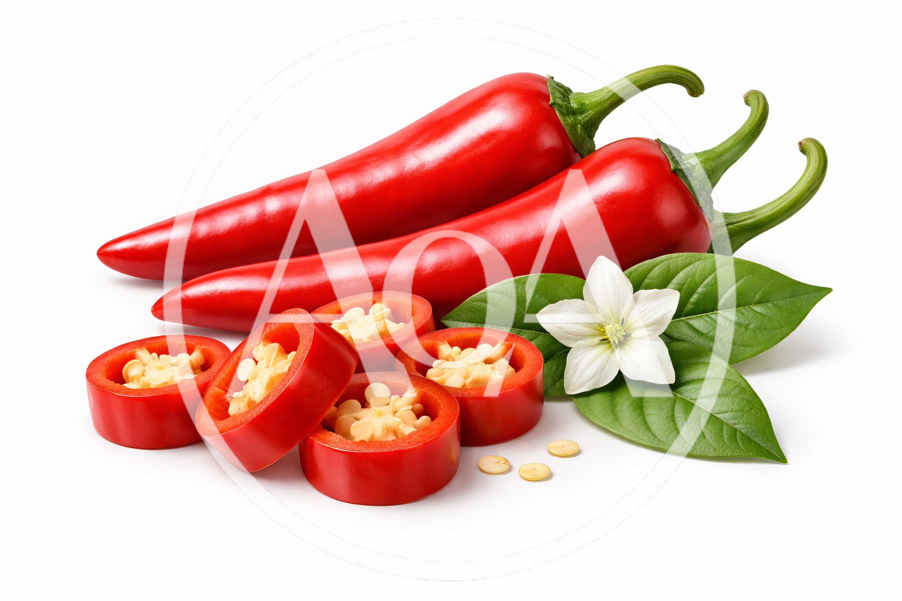 Fresh Red Chili Peppers With Slices And Flower
