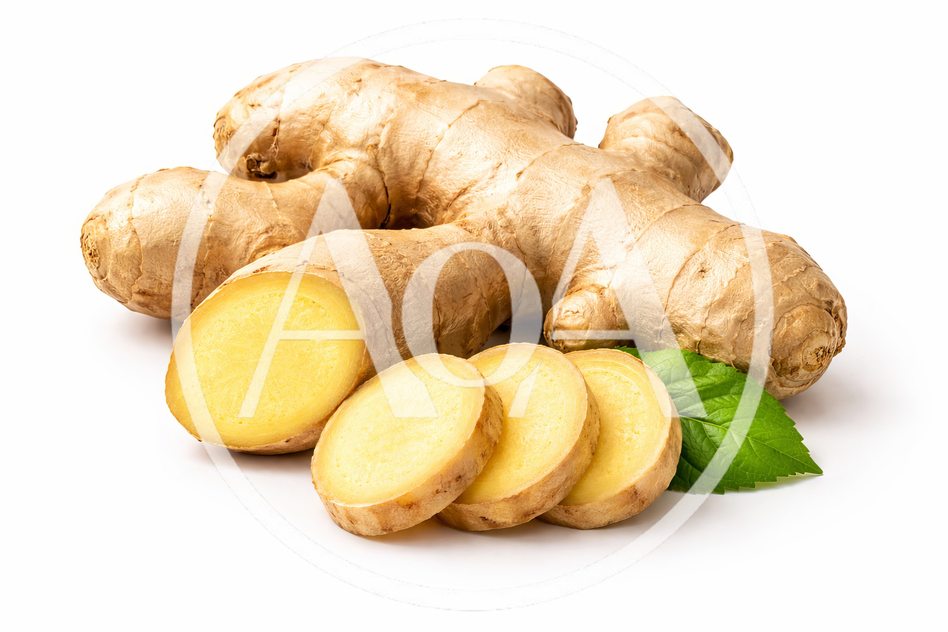 Fresh Ginger Root With Slices And Green Leaf