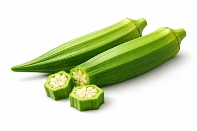 Fresh Green Okra Pods and Slices on White Background