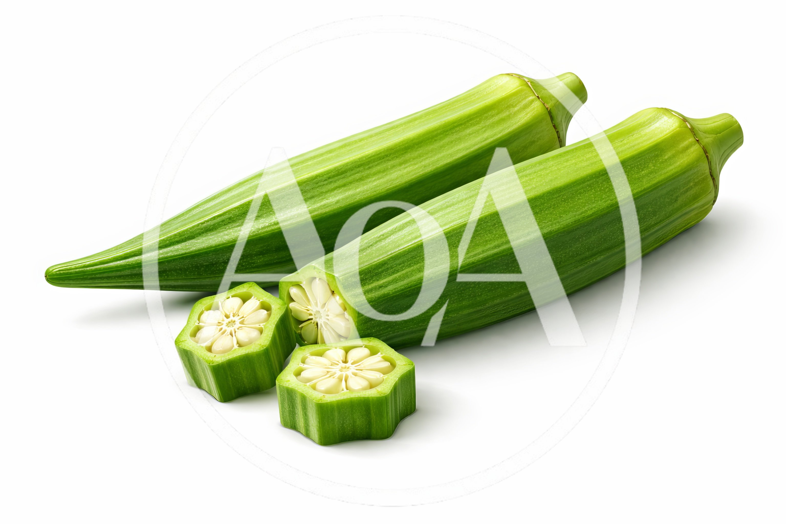 Fresh Green Okra Pods and Slices on White Background