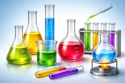 Laboratory Glassware With Colorful Chemical Solutions