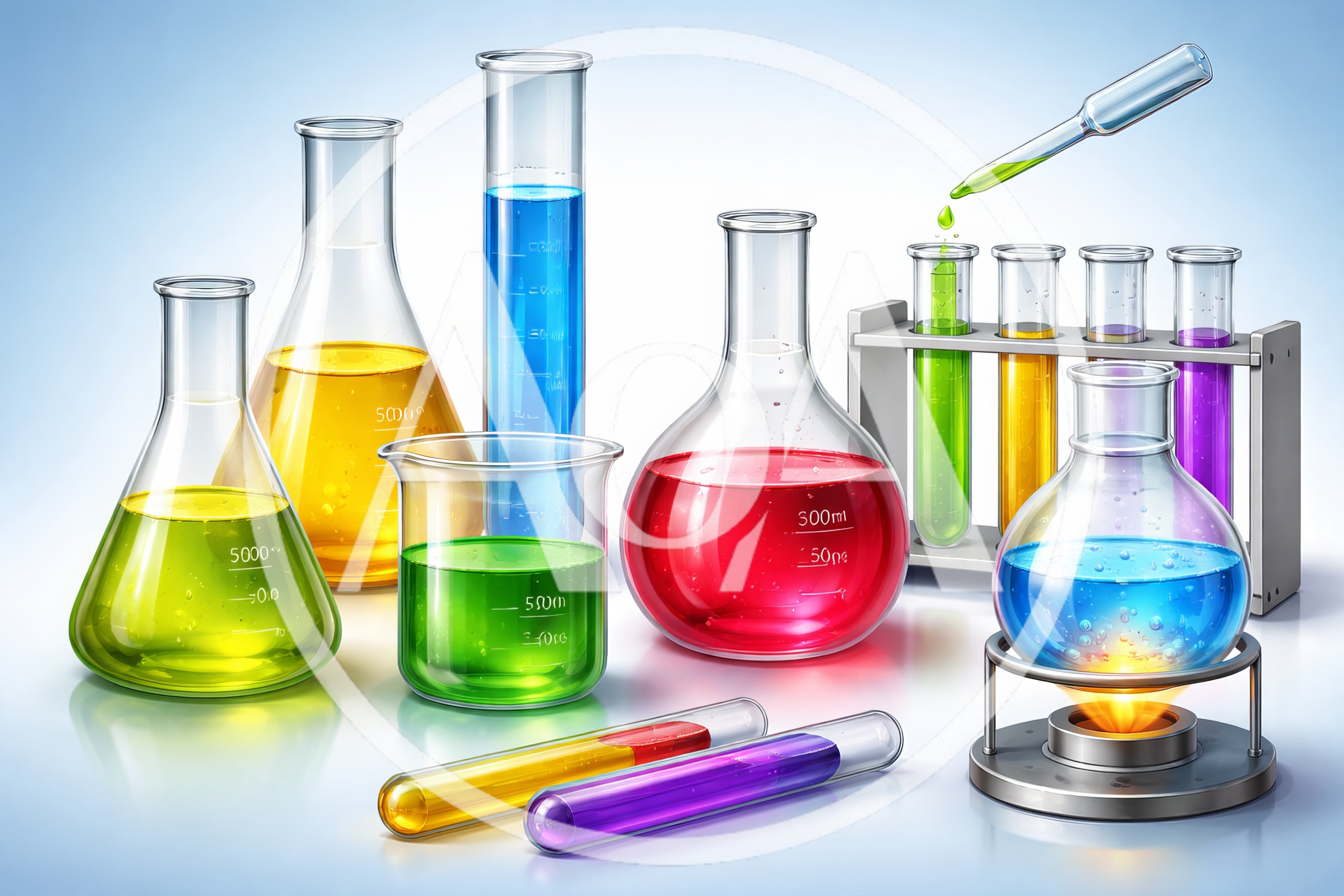 Laboratory Glassware With Colorful Chemical Solutions