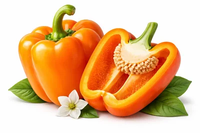 Whole And Sliced Orange Bell Peppers With Flower
