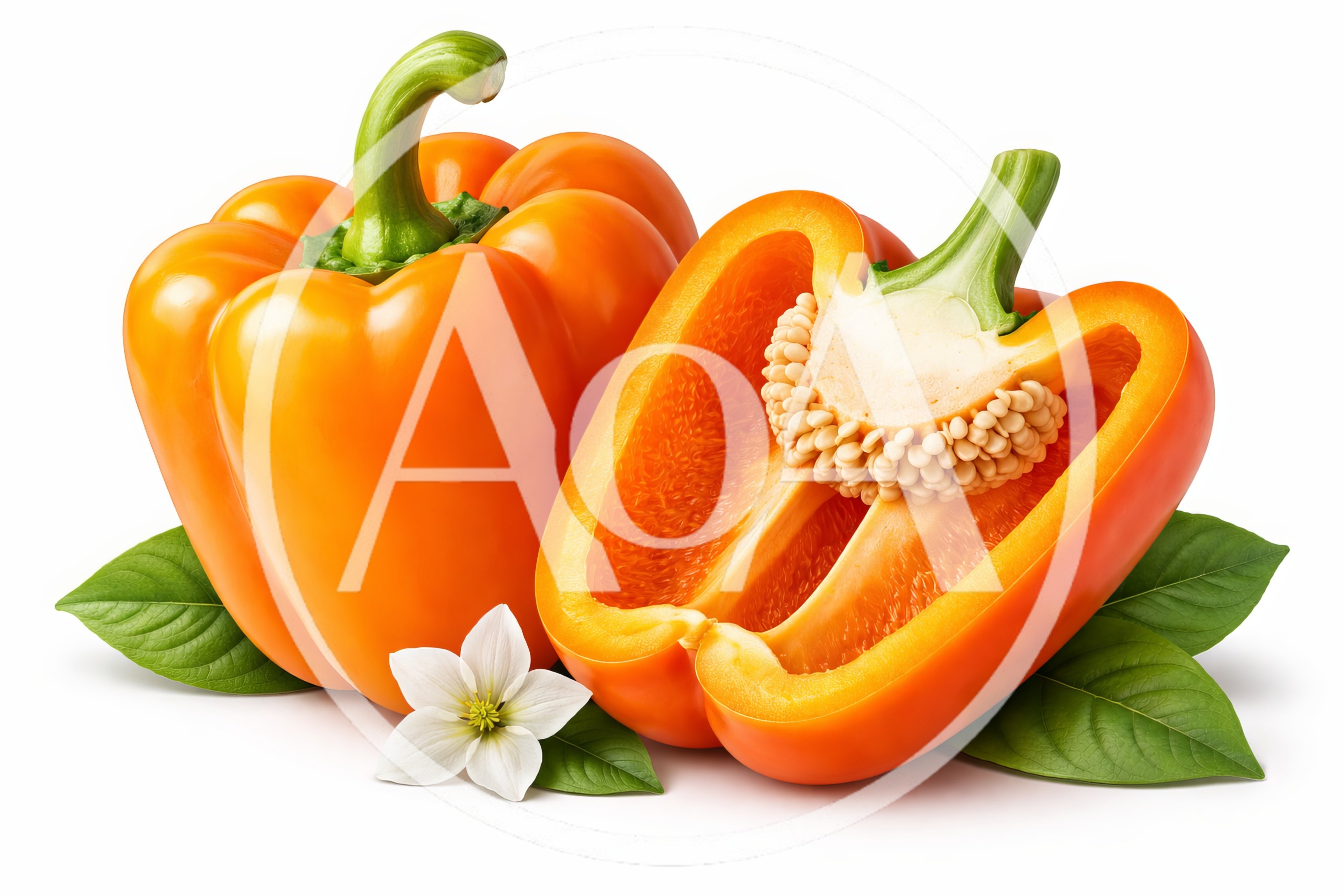 Whole And Sliced Orange Bell Peppers With Flower