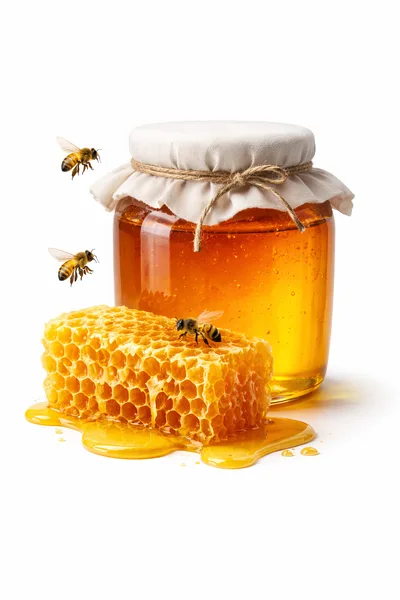 Honey Jar and Honeycomb with Flying Bees