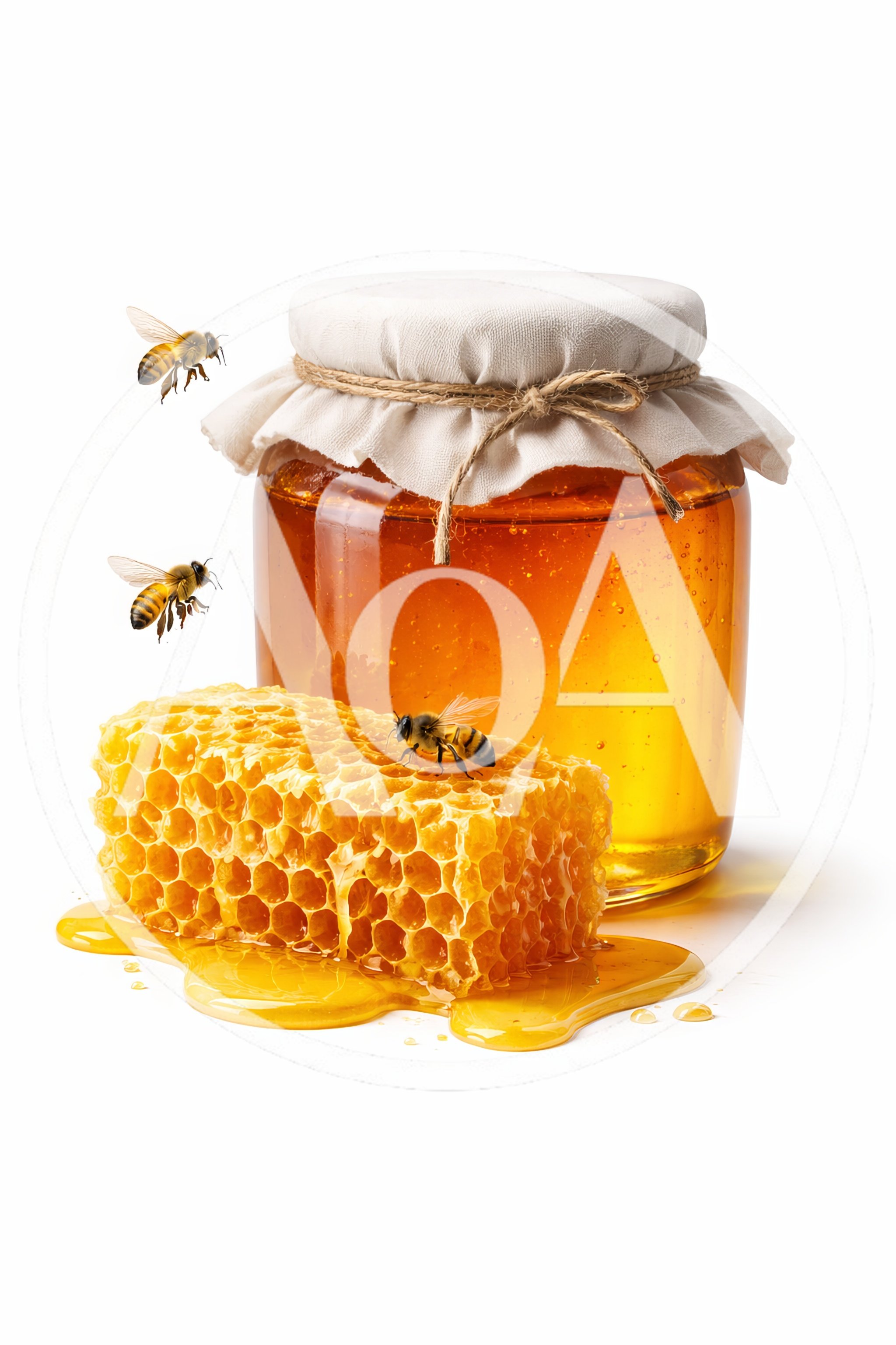 Honey Jar and Honeycomb with Flying Bees