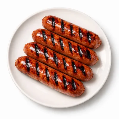 Four Grilled Sausages On A White Plate