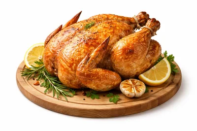 Roasted Whole Chicken on Wooden Serving Board