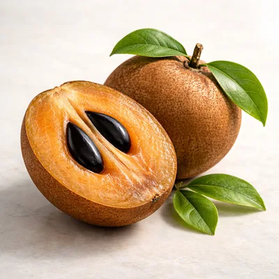 Fresh Sapodilla Fruit With Leaves On White Background